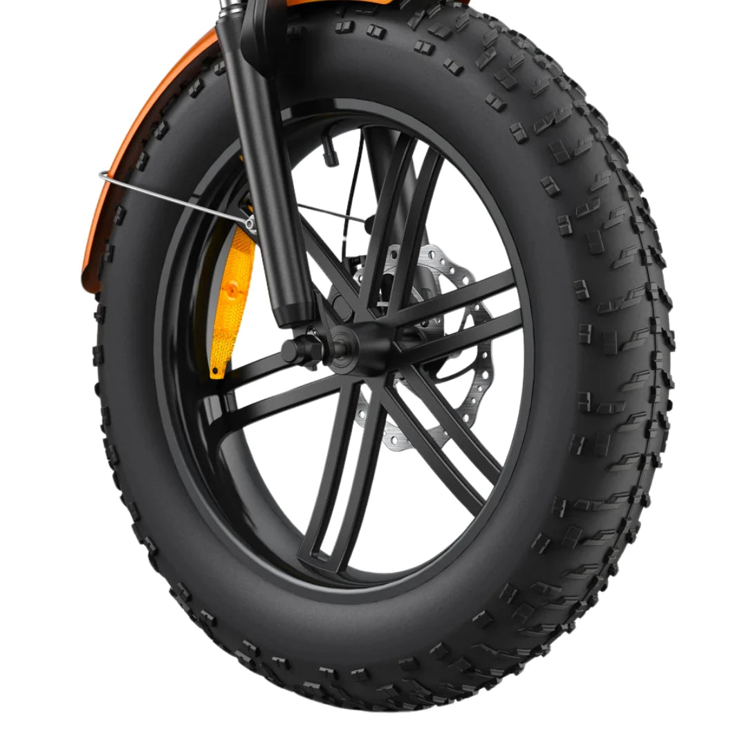 Electric Bike Engwe Ep 2 Boost, close-up of front wheel, thick treaded tire, black spokes, metallic fork.