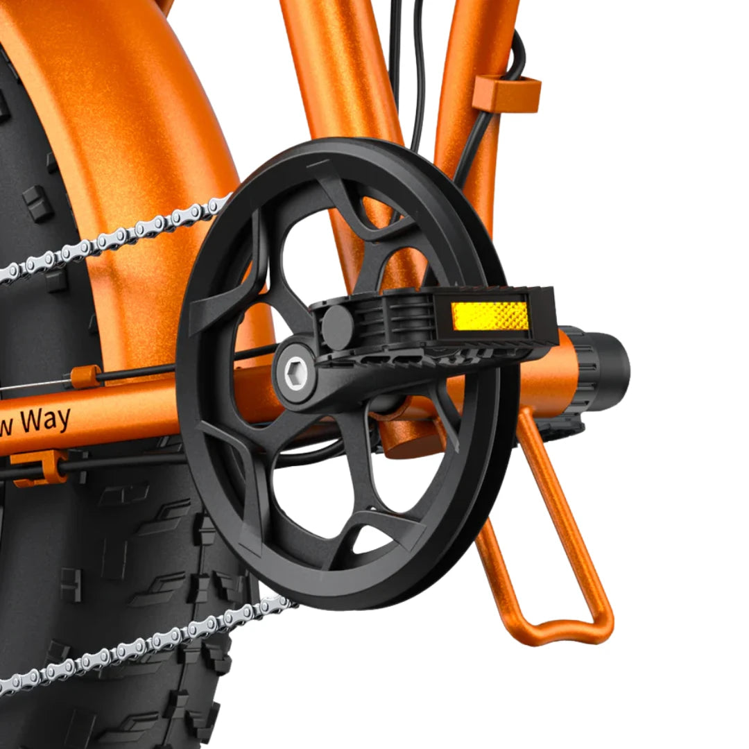 Engwe EP 2 Boost electric bike features an orange frame, black crankset, and sturdy fat tires.