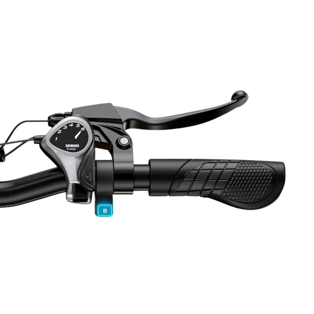 Electric Bike Engwe Ep 2 Boost, close-up of handlebar controls, Shimano gear shifter and grip design.