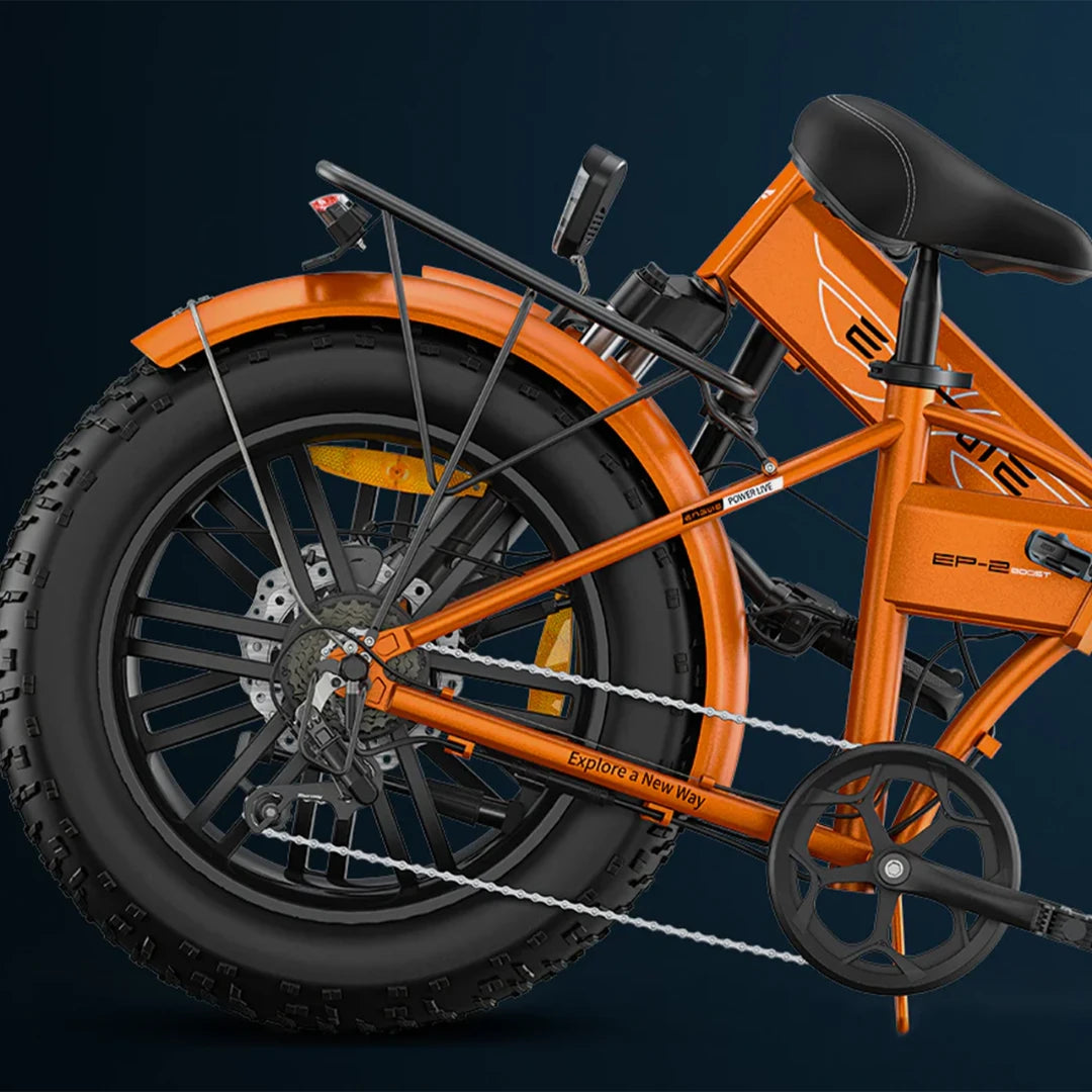 Electric Bike Engwe EP-2 Boost, orange frame, large black tires, rear rack, and chain drive system.