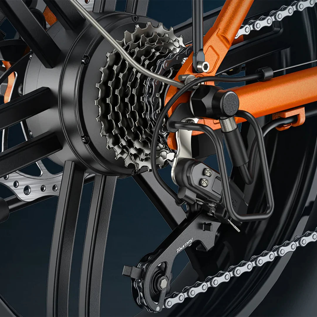 Electric Bike Engwe Ep 2 Boost, close-up of gears and drivetrain with black and orange accents.