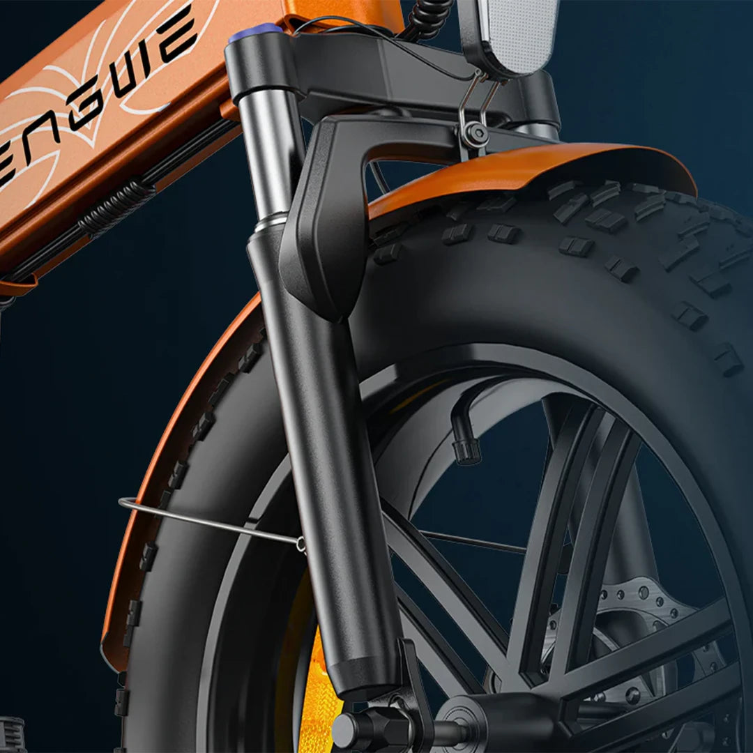 Electric Bike Engwe Ep 2 Boost, close-up of front suspension and wheel, showcasing robust design and features.