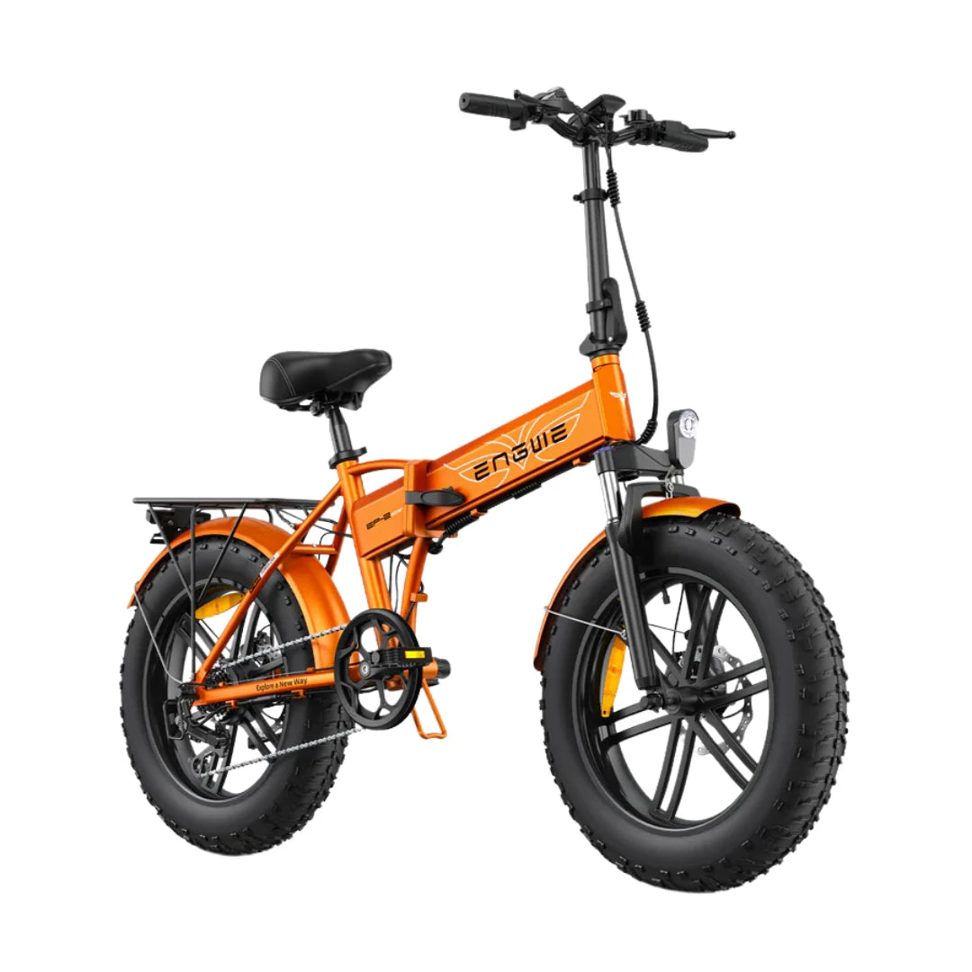 Electric Bike Engwe Ep 2 Boost, compact design, vibrant orange color, rugged fat tires, front suspension.