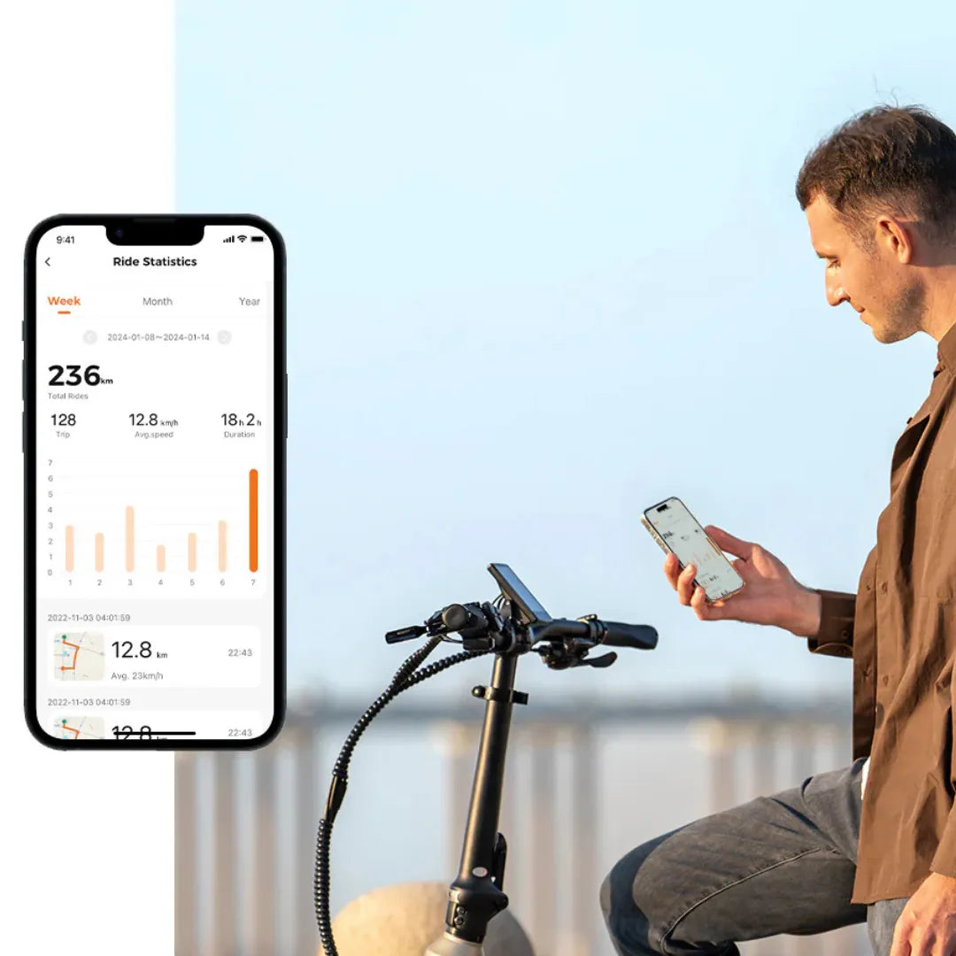 Izdelek na sliki je električno kolo znamke Engwe, model L20 3.0 Boost. Na sliki je moški, ki sedi ob kolesu in uporablja mobilno aplikacijo, ki prikazuje statistiko vožnje, vključno s skupno prevoženimi kilometri, povprečno hitrostjo in trajanjem vožnje. Kolo je opremljeno s sodobnimi funkcijami, kar omogoča enostavno spremljanje podatkov o vožnji.