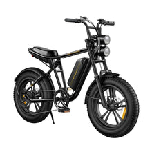 Electric Bike Engwe M20 features a sleek black design, fat tires, dual front lights, and a powerful battery.
