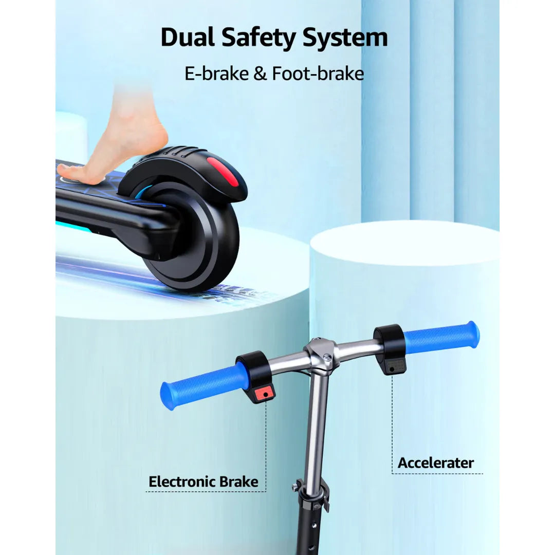 Izdelek je električni skiro znamke Gyroor, model H30 Max. Na sliki je prikazan del skiroja, ki vključuje elektronsko zavoro in pospeševalnik, ter nogo, ki pritiska na zavoro. Oprema je zasnovana za zagotavljanje varnosti pri vožnji. Barvni elementi vključujejo modre ročaje in črne komponente.