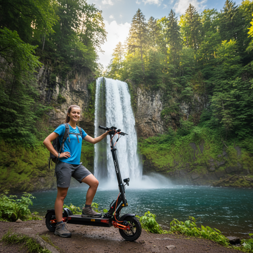 The image shows a Joyor electric scooter, model T6. It features a woman standing next to the scooter in a natural setting, by a beautiful waterfall and a green forest. She is dressed in sportswear and is carrying a backpack, which suggests an active way of spending free time in nature.