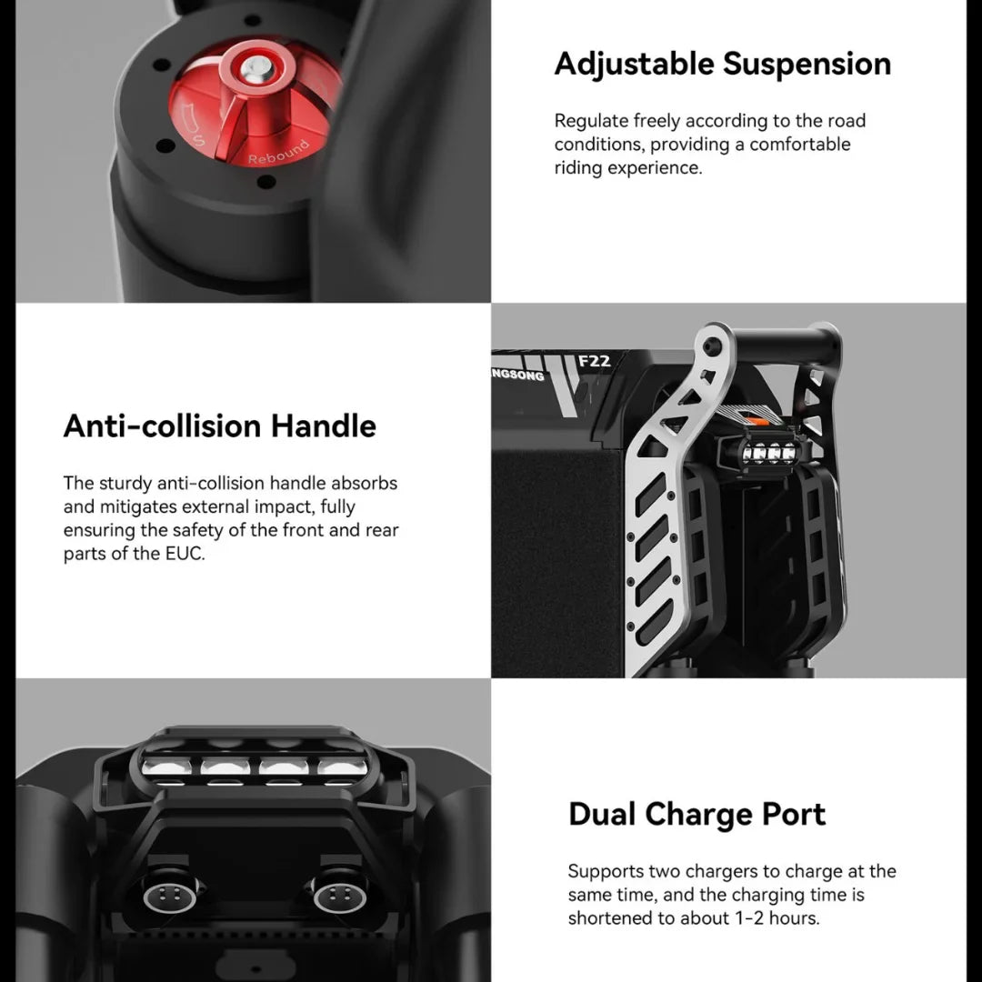 Izdelek je električni monocikel, znamke Kingsong, model F22 Pro. Na sliki so prikazane različne funkcionalnosti, kot so nastavljiva suspenzija, robustna zaščitna ročica proti trkom ter dvojni priključek za polnjenje, kar omogoča hitro polnjenje z dvema polnilnikoma. Te lastnosti zagotavljajo udobno in varno vožnjo.