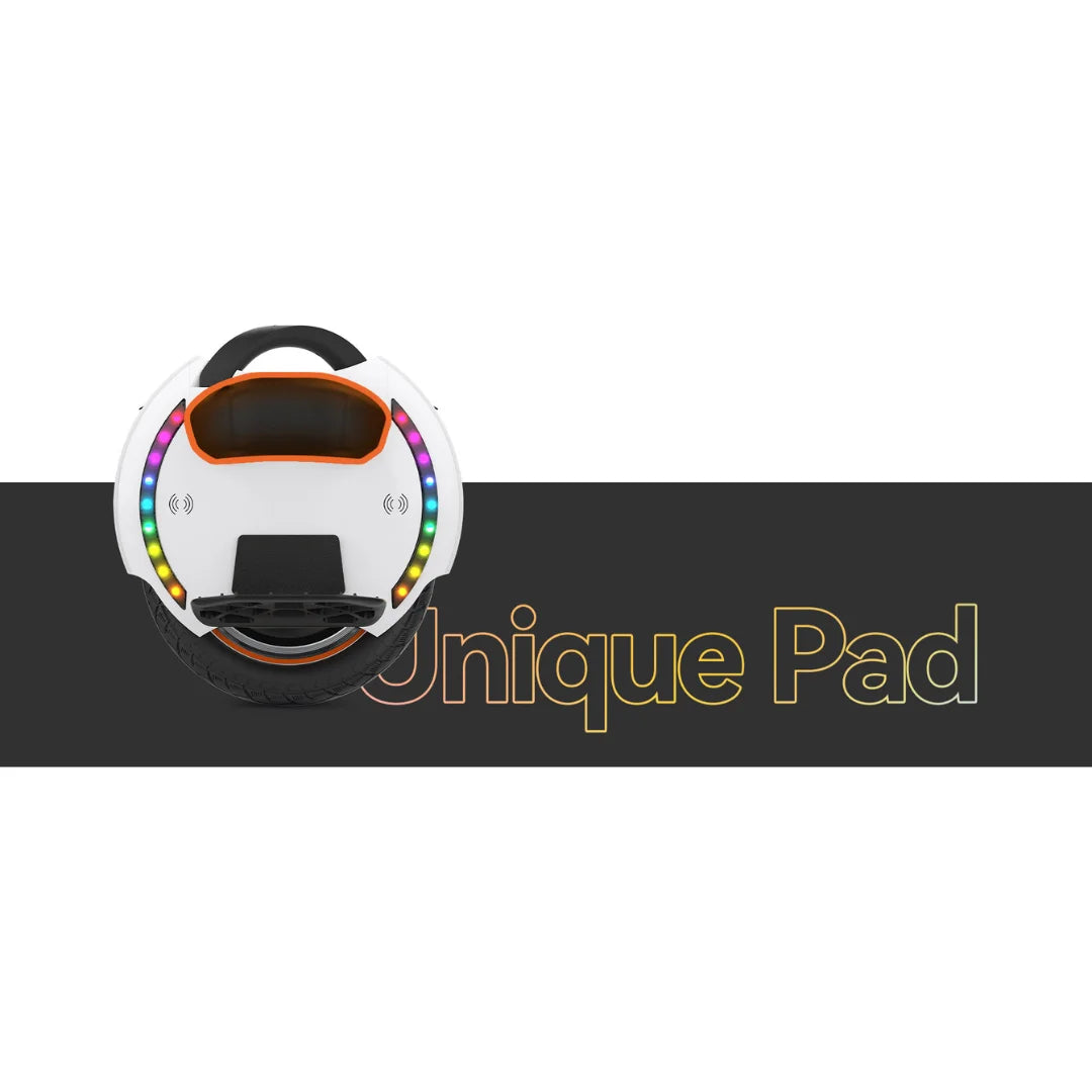 Izdelek je električni enokolesnik, znamke Kingsong, model 14D. Na sliki je prikazan enokolesnik z belo površino in barvnimi LED lučmi ob robu. Ima udoben sedež in nosilec za stopala, kar omogoča lažje upravljanje in vožnjo.