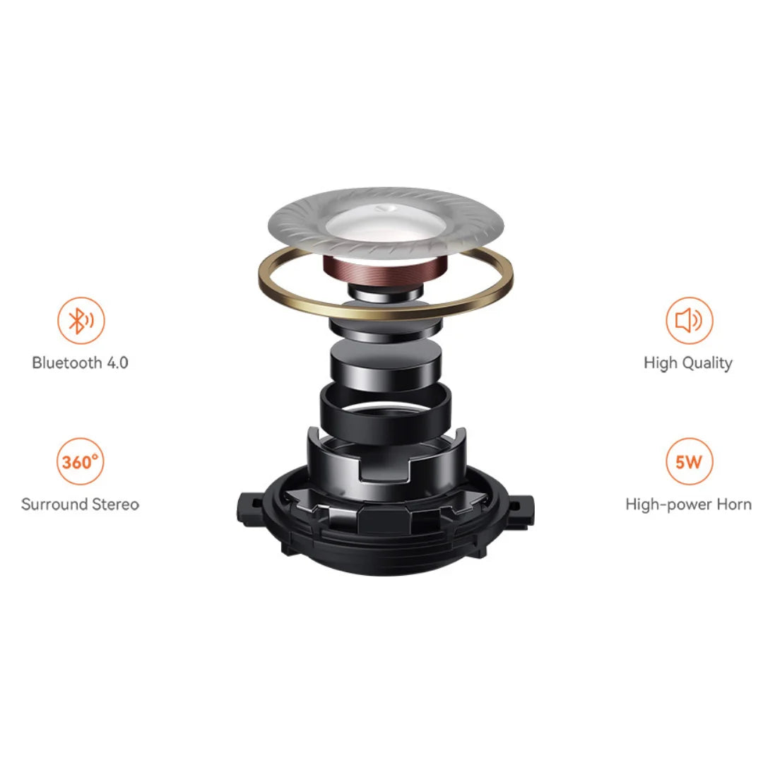 Izdelek je električni unicycle, znamke Kingsong, model 16S. Na sliki je prikazan notranji del zvočnika, ki vključuje različne komponente, kot so membrana, ohišje in elementi za 360° surround stereo zvok. Oznake ob sliki poudarjajo Bluetooth 4.0 povezljivost, visoko kakovost zvoka in moč 5 W.