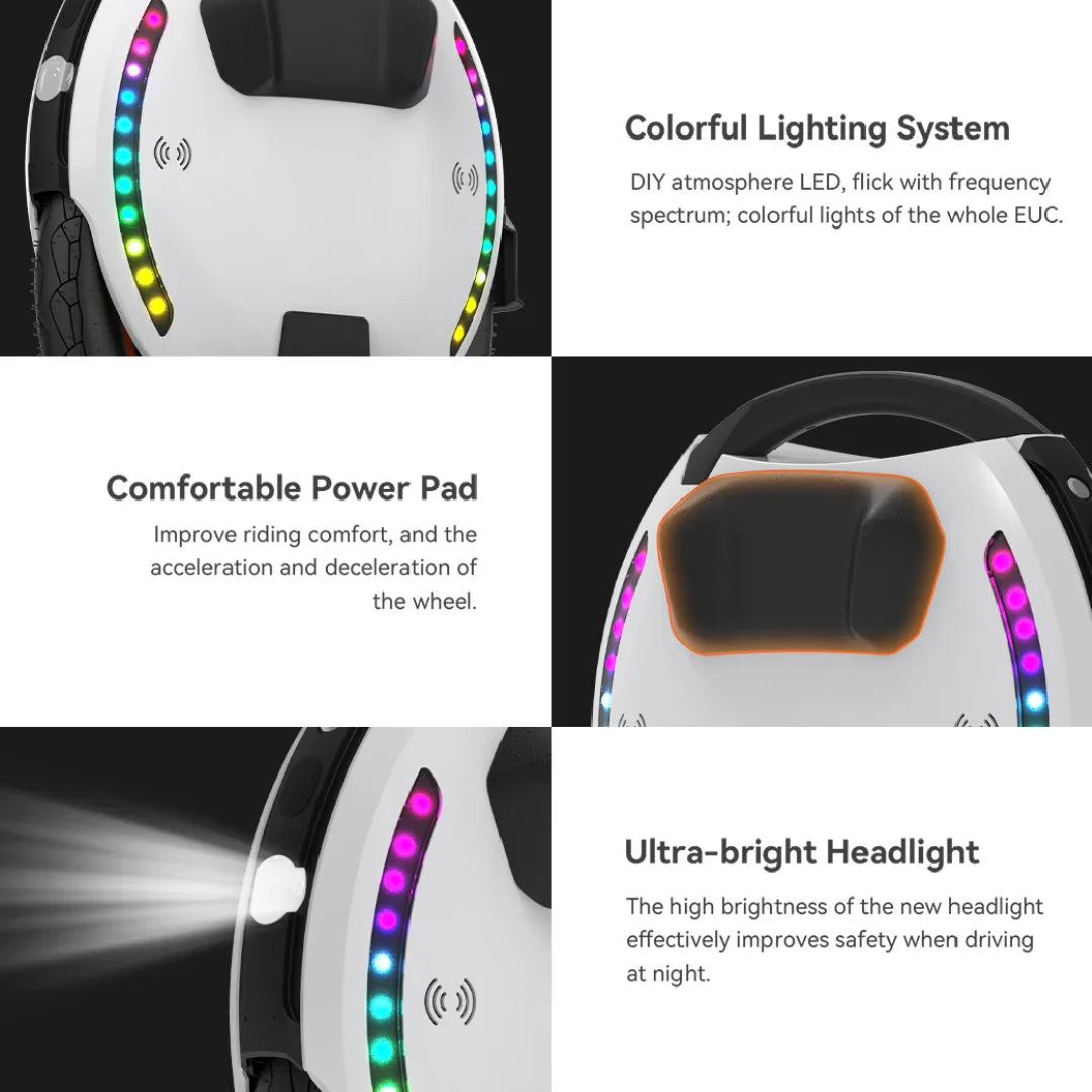 Izdelek je električni unicycle, znamke Kingsong, model 18L. Na sliki so prikazane različne funkcionalnosti, vključno z barvnim osvetlitvijo, udobno podlago za noge ter svetlo, ki izboljšuje varnost pri vožnji ponoči. Osvetlitev omogoča prilagoditev vzdušja, medtem ko udobna podlaga prispeva k boljši izkušnji vožnje.