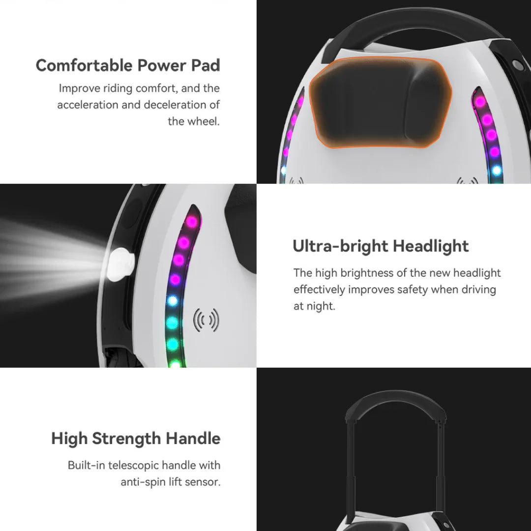 Izdelek na sliki je električni unicycle, znamke Kingsong, model 18L. Na sliki so prikazane različne funkcije, vključno s komfortno močjo, ultra svetlo sprednjo lučjo za boljšo vidljivost ponoči ter trdnim ročajem z vgrajenim senzorjem za preprečevanje vrtenja. Unicycle ima tudi LED luči, ki dodajajo estetski videz in povečujejo varnost.