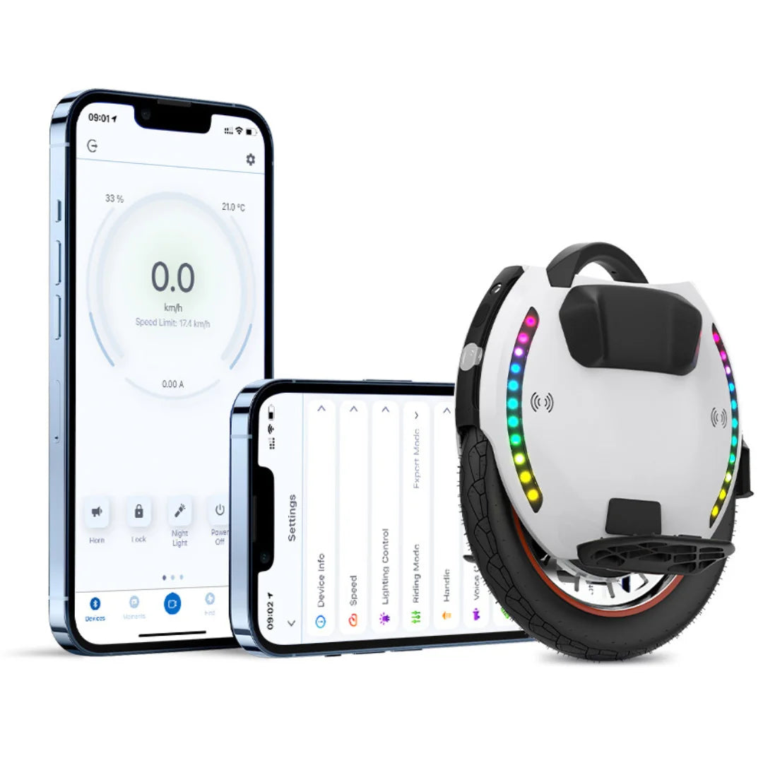 Izdelek je električni unicykel, znamke Kingsong, model 18XL. Na sliki je prikazan unicykel s svetlečimi LED lučmi ob robu ter pametni telefon, ki prikazuje aplikacijo za upravljanje naprave. Aplikacija prikazuje hitrost, temperaturo in druge nastavitve, kar omogoča enostavno spremljanje delovanja unicykla.