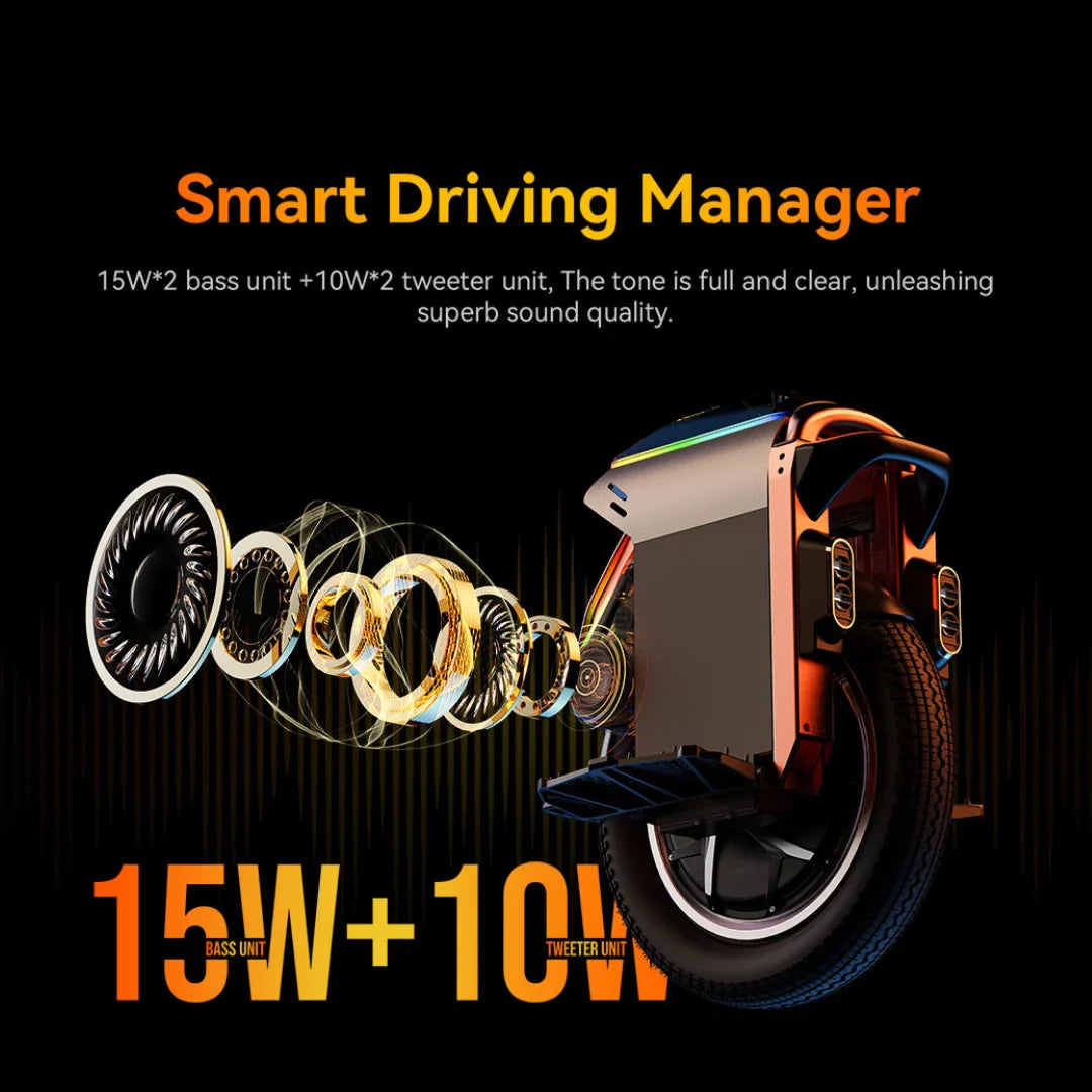 Izdelek je električni monocikel, znamke Kingsong, model S16 Pro. Na sliki je prikazana zadnja stran monocikla, ki vključuje zvočne enote z močjo 15W in 10W, kar nakazuje na visoko kakovost zvoka. Vidne so tudi značilnosti zasnove, kot so svetlobni elementi in robustna pnevmatika.