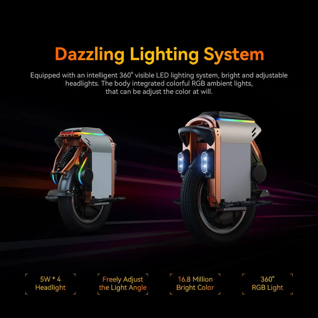 Izdelek na sliki je električni monocikel, model Kingsong S16 Pro. Na sliki sta prikazana dva kota monocikla, ki imata napreden sistem osvetlitve z LED žarnicami in RGB ambientnimi lučmi. Osvetlitev je prilagodljiva in omogoča široko paleto barv ter svetlost, kar prispeva k estetskemu videzu in vidnosti med vožnjo.