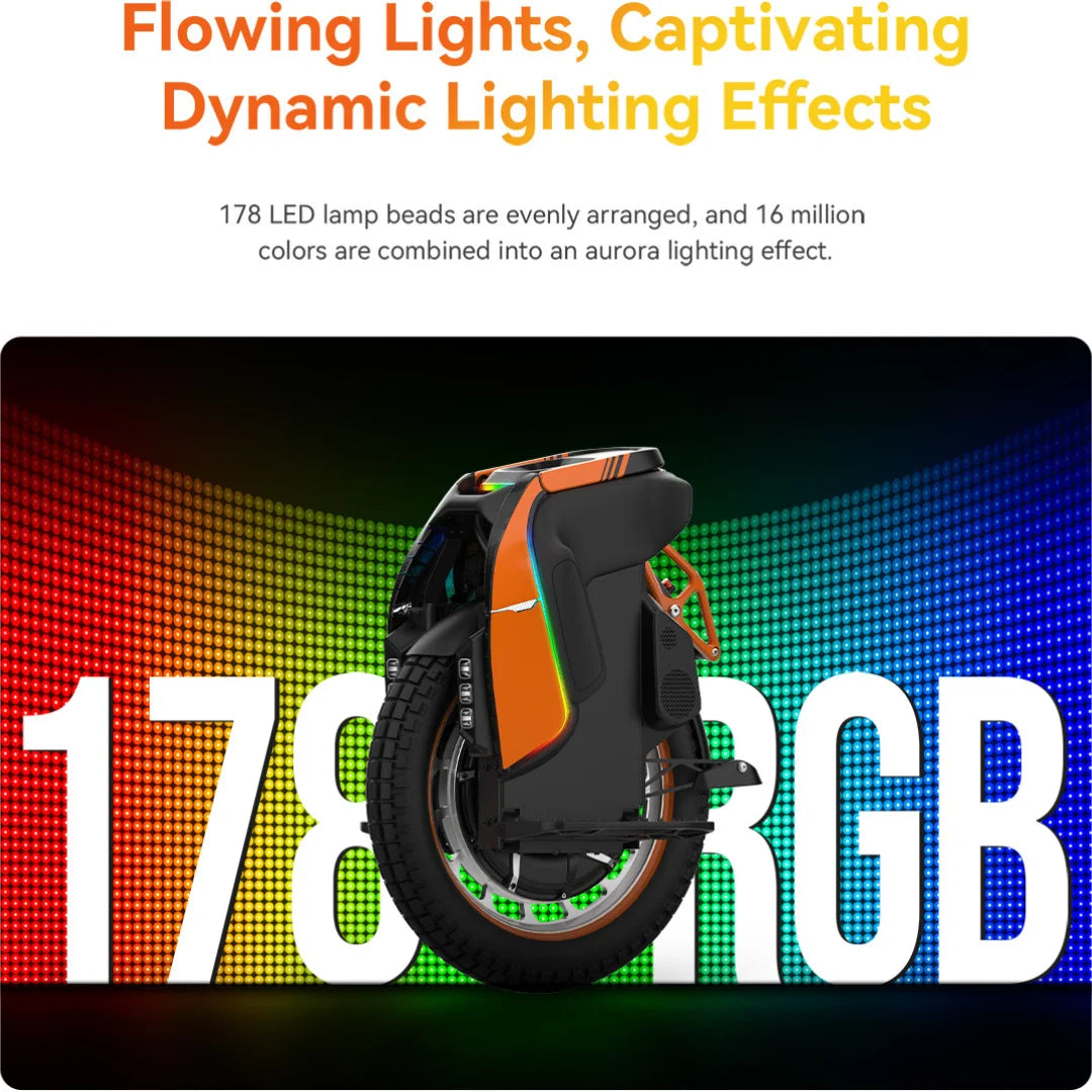 Izdelek na sliki je električni monocikel, model Kingsong S19 Pro. Na sliki je prikazan monocikel v dinamičnih barvah, ki poudarjajo njegove LED svetlobne učinke. Vidna je tudi njegova zasnova s širokim kolesom in modernim videzom, kar nakazuje na zmogljivost in estetiko.