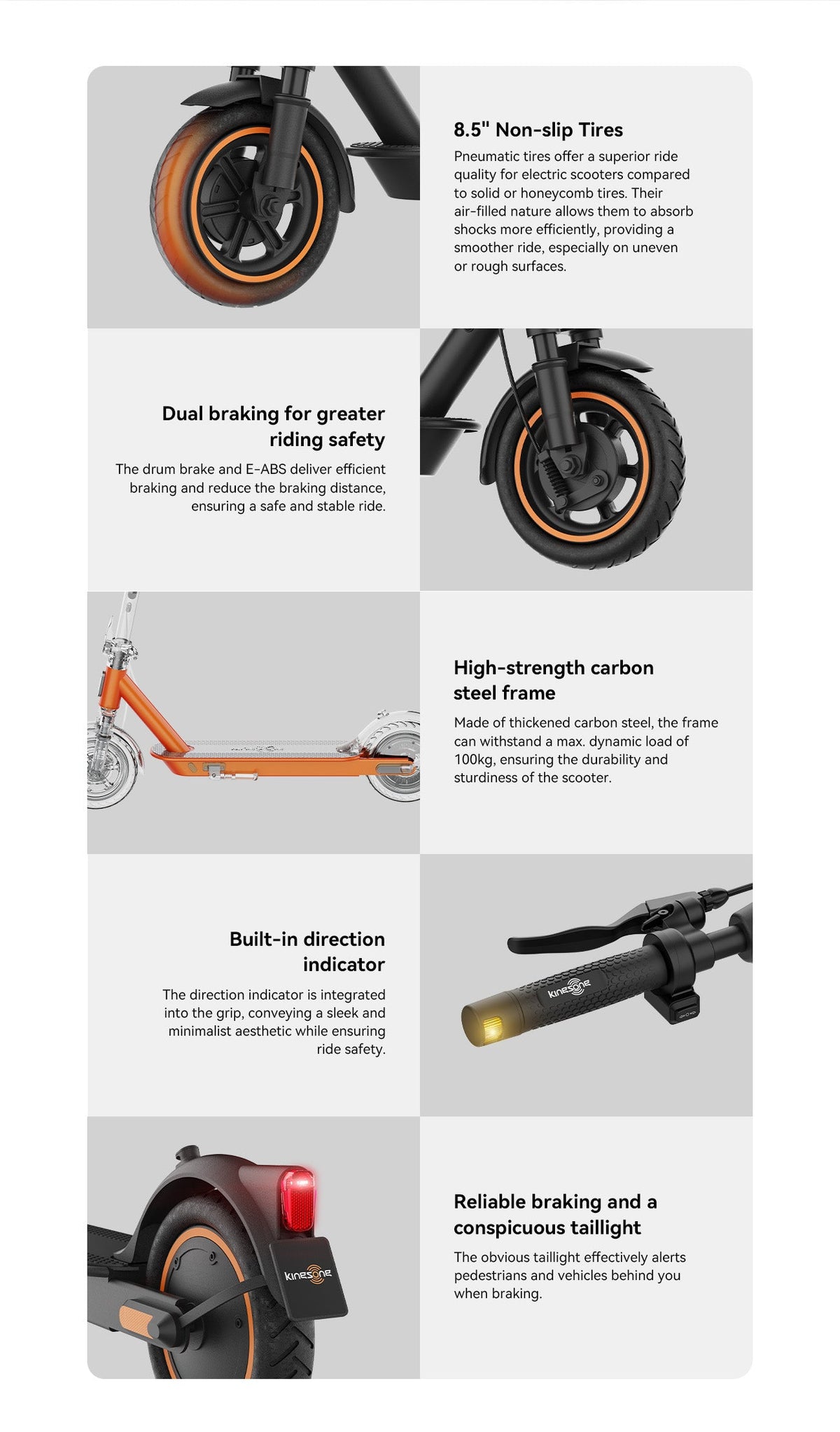 Izdelek na sliki je električni skiro znamke Kingsong, model E1. Na sliki so prikazane različne značilnosti skiroja, vključno z 8.5-palčnimi pnevmatskimi kolesi, dvojno zavorno sistemom za večjo varnost, okvirjem iz ogljikovega jekla, vgrajenimi smerniki ter zanesljivim zavoram in opazno zadnjo lučjo. Skupaj te lastnosti zagotavljajo udobno in varno vožnjo.