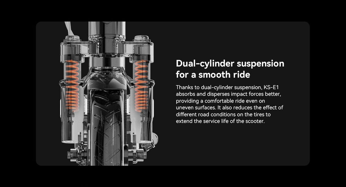 Izdelek je električni skiro, znamke Kingsong, model E1. Na sliki je prikazana dvojna vzmetna suspenzija, ki omogoča udobno vožnjo po neravnih površinah. Vzmetenje učinkovito absorbira udarce in podaljšuje življenjsko dobo pnevmatik, kar izboljšuje splošno izkušnjo vožnje.