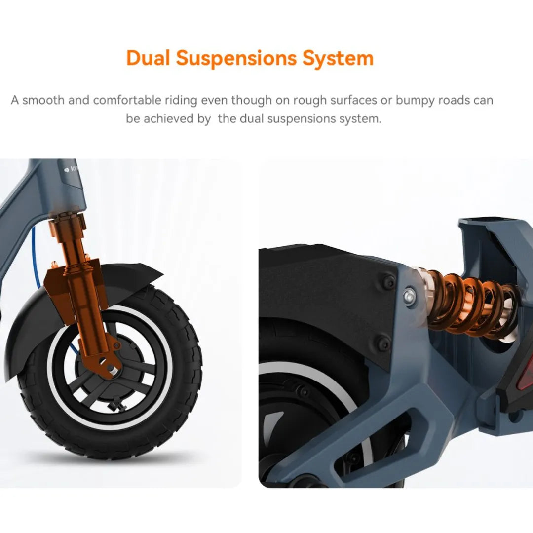 Izdelek je električni skiro, znamke Kingsong, model N12 Pro. Na sliki je prikazan sistem dvojnega vzmetenja, ki omogoča udobno vožnjo tudi po neravnih površinah. Vidna sta sprednja in zadnja vzmet, ki sta zasnovani za izboljšanje stabilnosti in udobja med vožnjo.