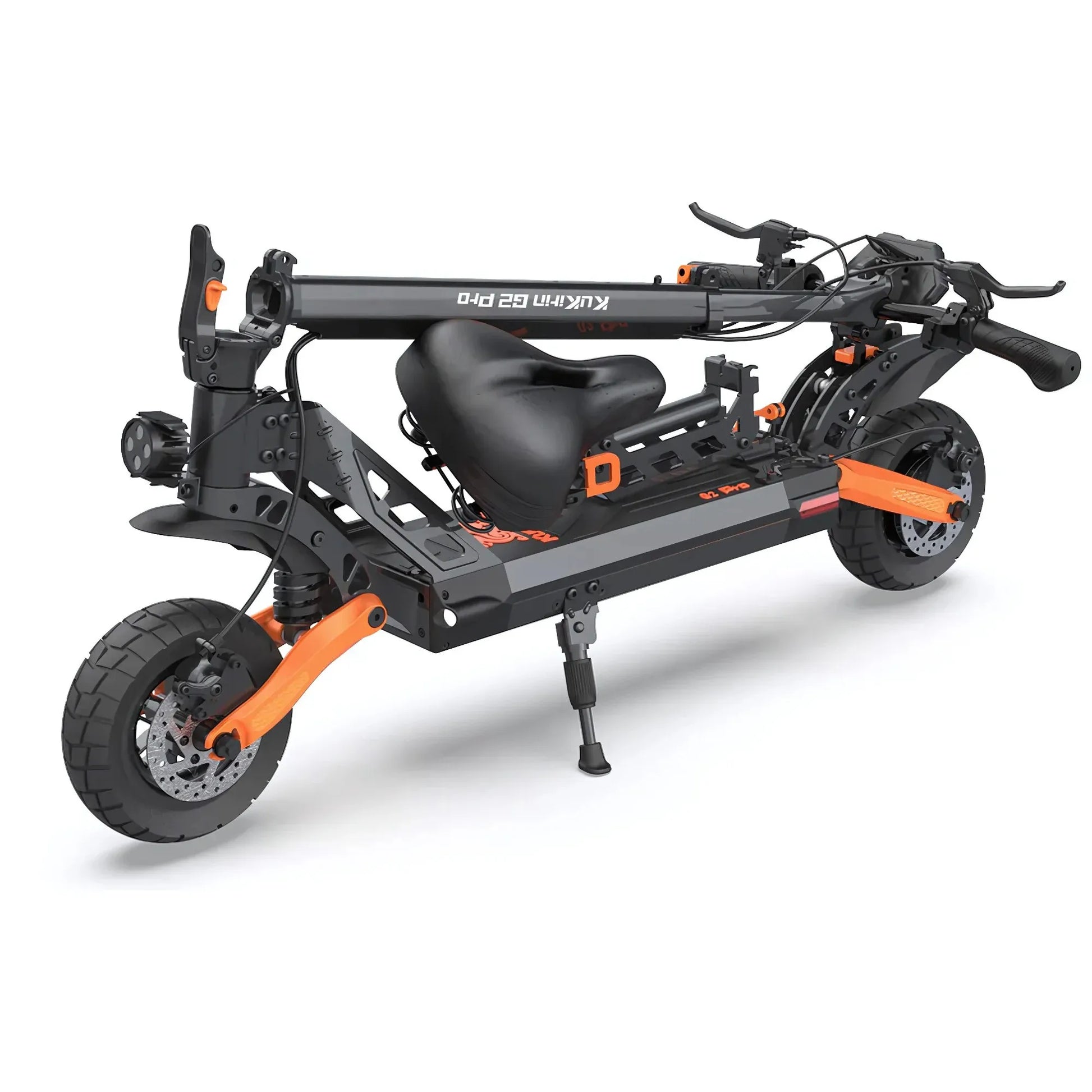 Electric Scooter Kukirin G2 Pro features a sleek folding design, comfortable seat, robust wheels, and sturdy frame.