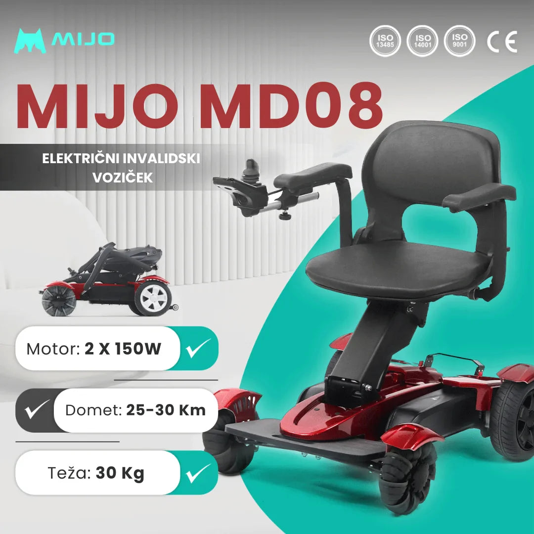 Izdelek na sliki je električni invalidski voziček, znamke Mijo, model MD08. Vidna je moderna zasnova vozička, ki ima udoben sedež in krmilne ročice. Voziček je opremljen z dvema motorjema moči 150 W, ima doseg med 25 in 30 km ter težo 30 kg. Na sliki je tudi prikazan sklopljiv mehanizem, kar omogoča enostavno shranjevanje in transport.