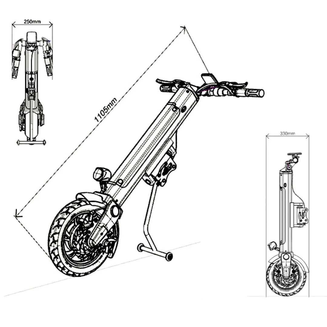 Izdelek je električni skiro, znamke Mijo, model MT03. Na sliki je prikazan skiro v tehničnem risu, ki prikazuje njegove dimenzije in obliko. Vidni so detajli, kot so krmilo, kolo in nosilec, kar daje vpogled v zasnovo in funkcionalnost skiroja. Dimenzije so označene, kar omogoča lažje razumevanje velikosti izdelka.