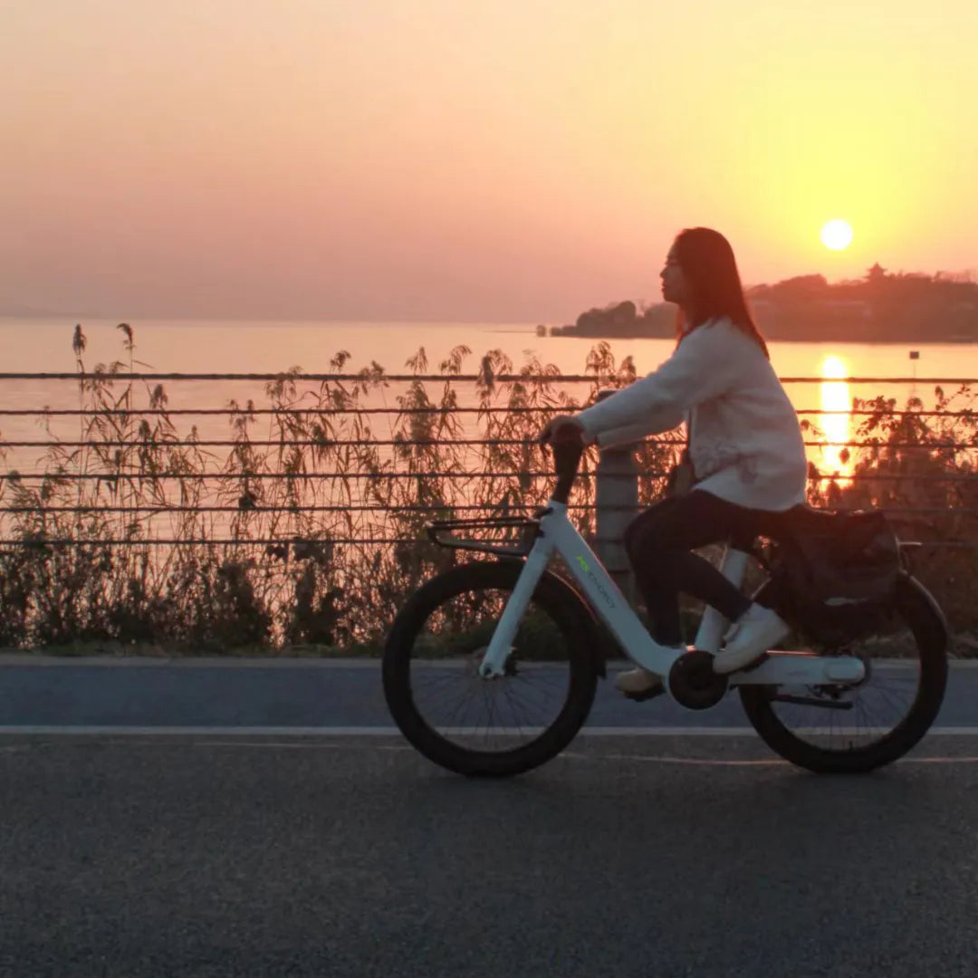 Izdelek na sliki je električno kolo, model MS Energy Cityzen C102. Na sliki vidimo osebo, ki vozi kolo ob obali, medtem ko sonce zahaja v ozadju. Kolo ima moderno zasnovo in je opremljeno z električnim motorjem, kar omogoča lažje premagovanje razdalj. Scena je slikovita, z naravno pokrajino in mirnim vzdušjem.