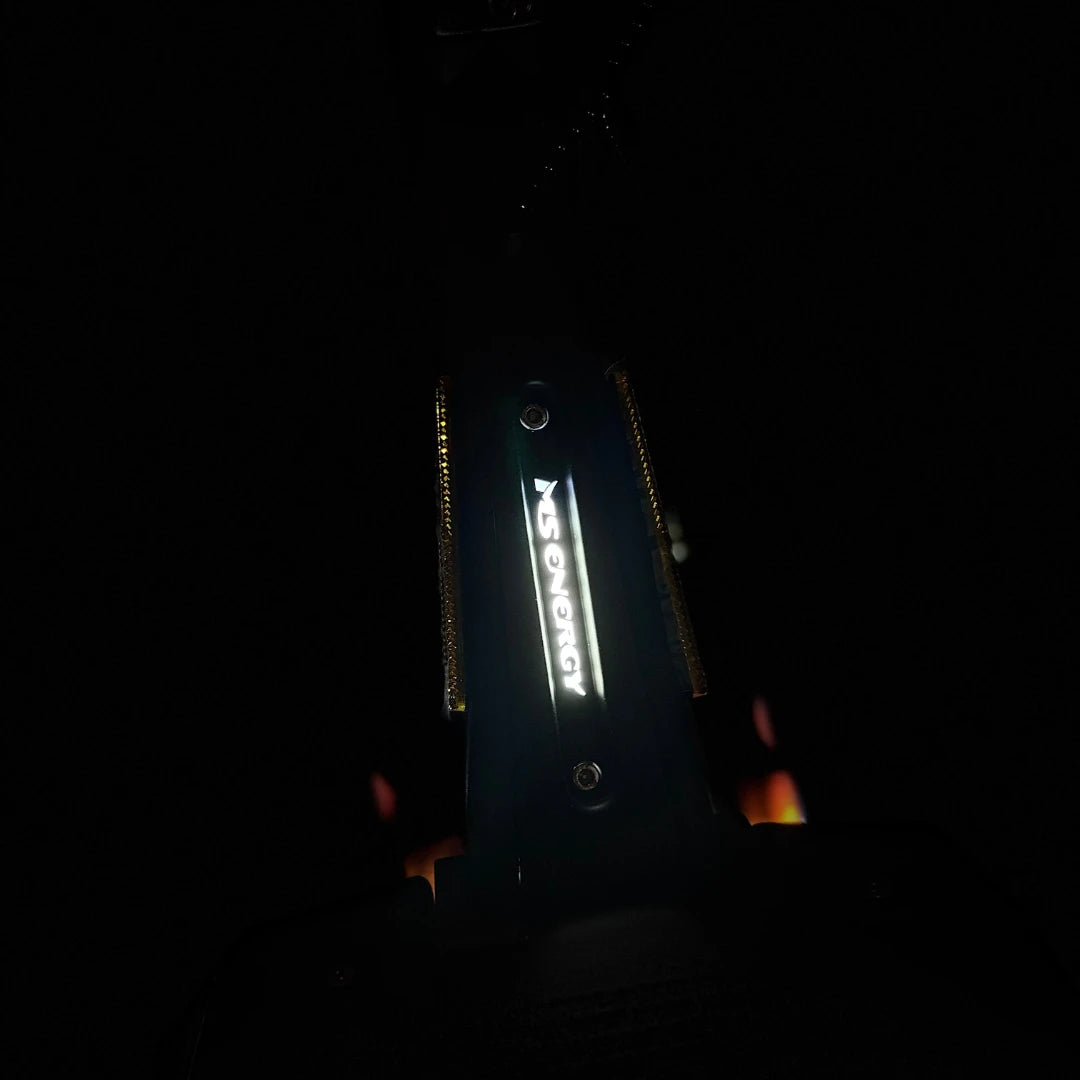 Electric Scooter Ms Energy Flare X Pro features a sleek design with illuminated branding and sturdy build.