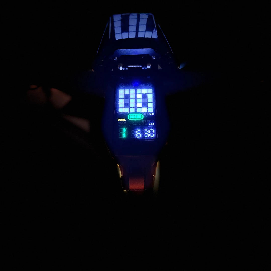 Electric Scooter Ms Energy Flare X Pro features a stylish display with illuminated indicators and speed metrics.