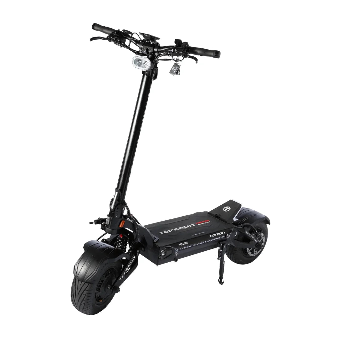 Electric Scooter Teverun Fighter Supreme 7260r features a sleek black design, robust build, and large tires.