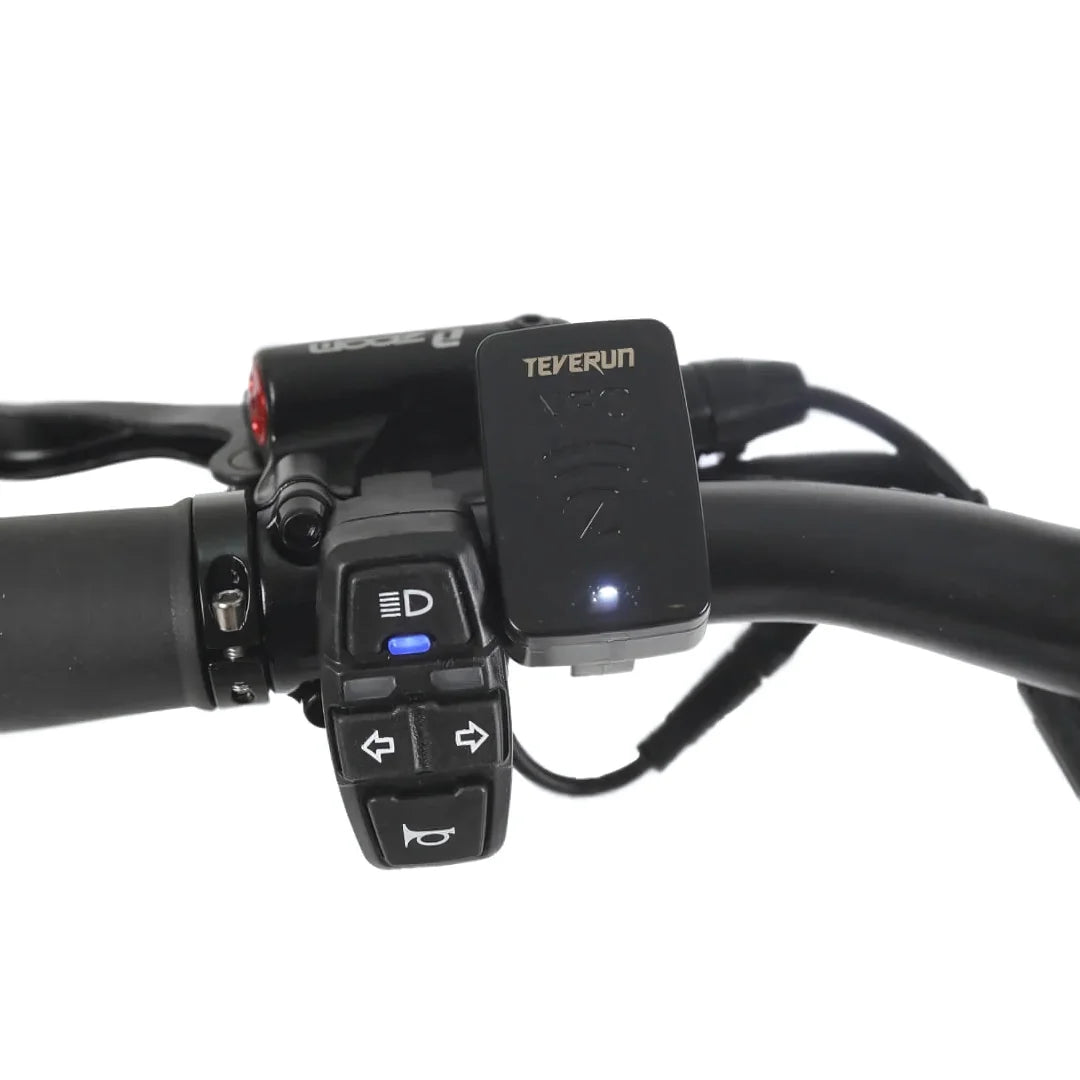 Electric Scooter Teverun Fighter Supreme 7260r features a sleek handlebar with a control panel, LED indicator, and multifunction buttons for easy operation.