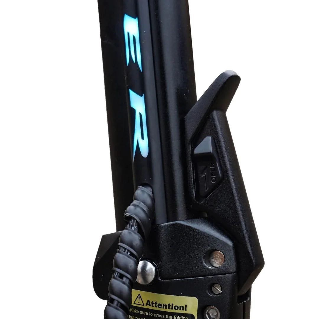 Electric Scooter Teverun Fighter Supreme 7260r features a sleek folding mechanism, highlighted controls, and warning label.