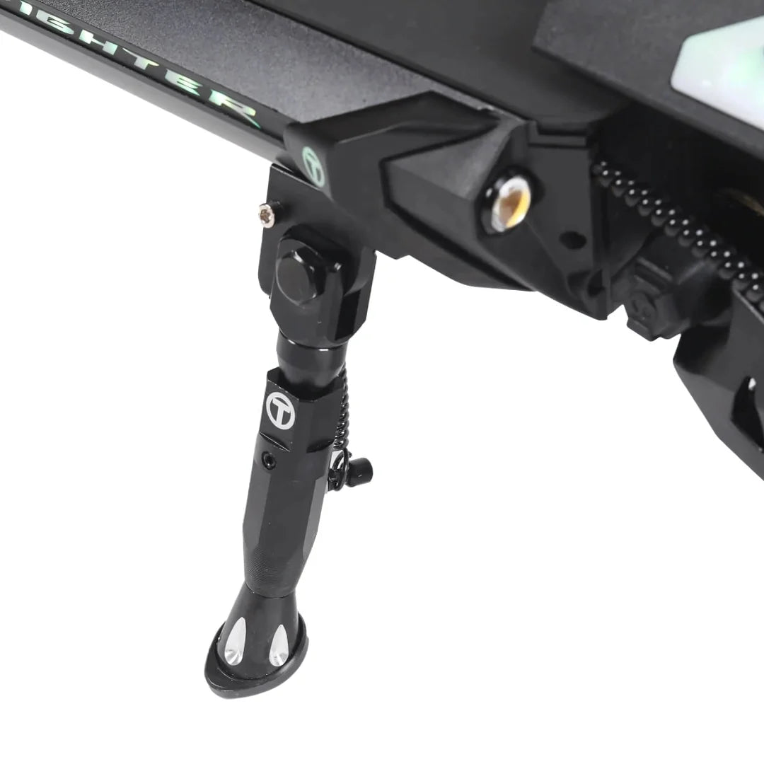 Electric Scooter Teverun Fighter Supreme 7260r features a durable kickstand, designed for stability and convenience.