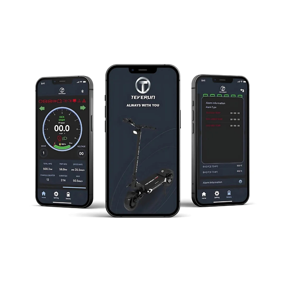 Electric Scooter Teverun Fighter Supreme 7260r, features smartphone interface displaying various metrics and settings.