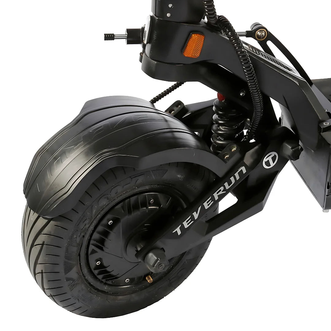 Electric Scooter Teverun Fighter Supreme 7260r features a durable rear wheel, robust suspension, and sleek design.