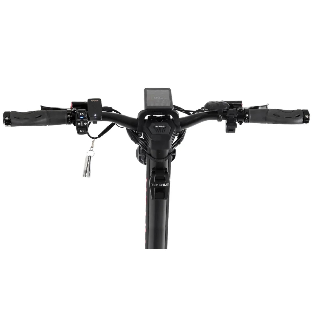 Electric Scooter Teverun Fighter Supreme 7260r features a sleek handlebar with controls, display, and grips.