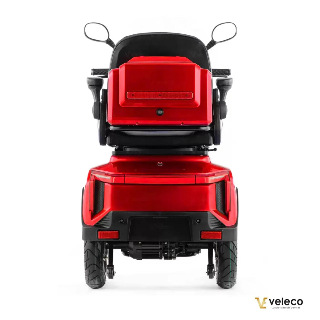 Electric Mobility Scooter Veleco Turris features a striking red design, with a comfortable seat and sturdy tires.