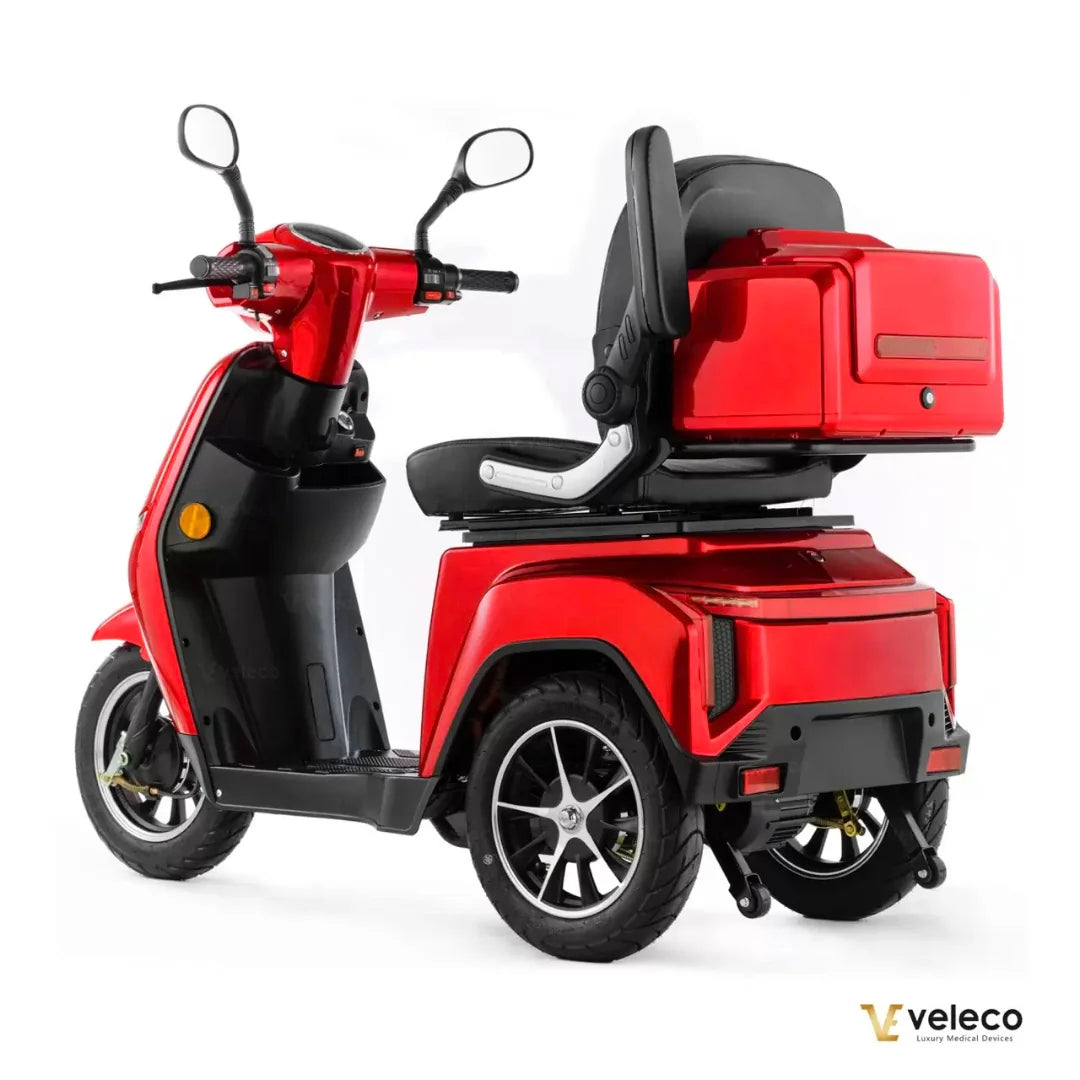 Electric Mobility Scooter Veleco Turris, stylish red scooter with a large comfortable seat and storage.