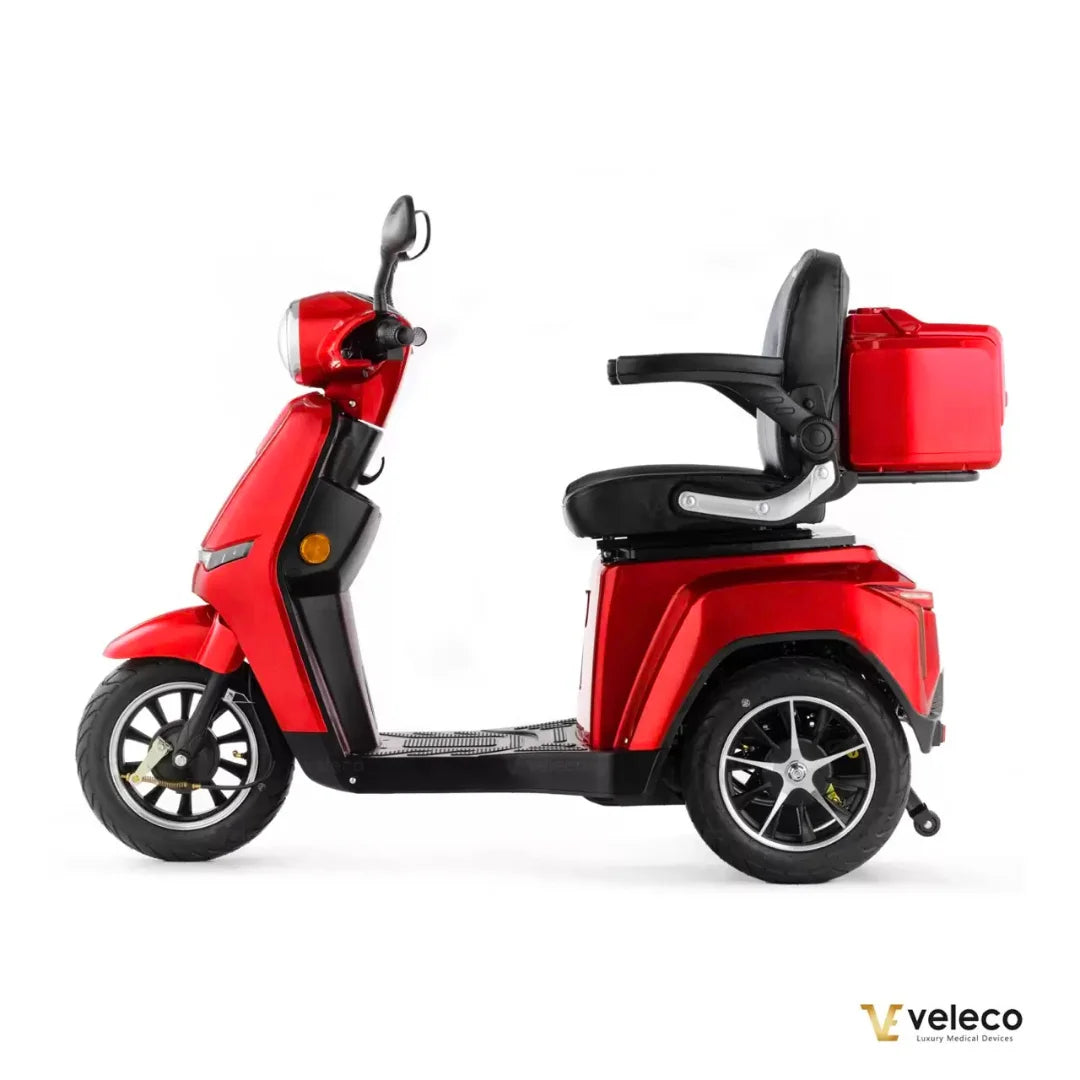 Electric Mobility Scooter Veleco Turris, a stylish red scooter with comfortable seating and storage options.
