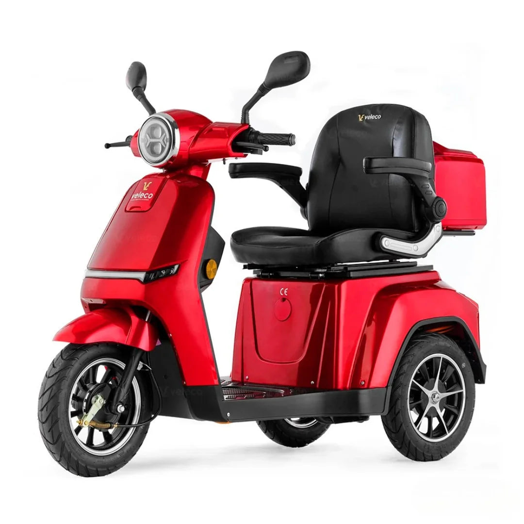 Electric Mobility Scooter Veleco Turris features a stylish red design, comfortable seat, and practical storage.