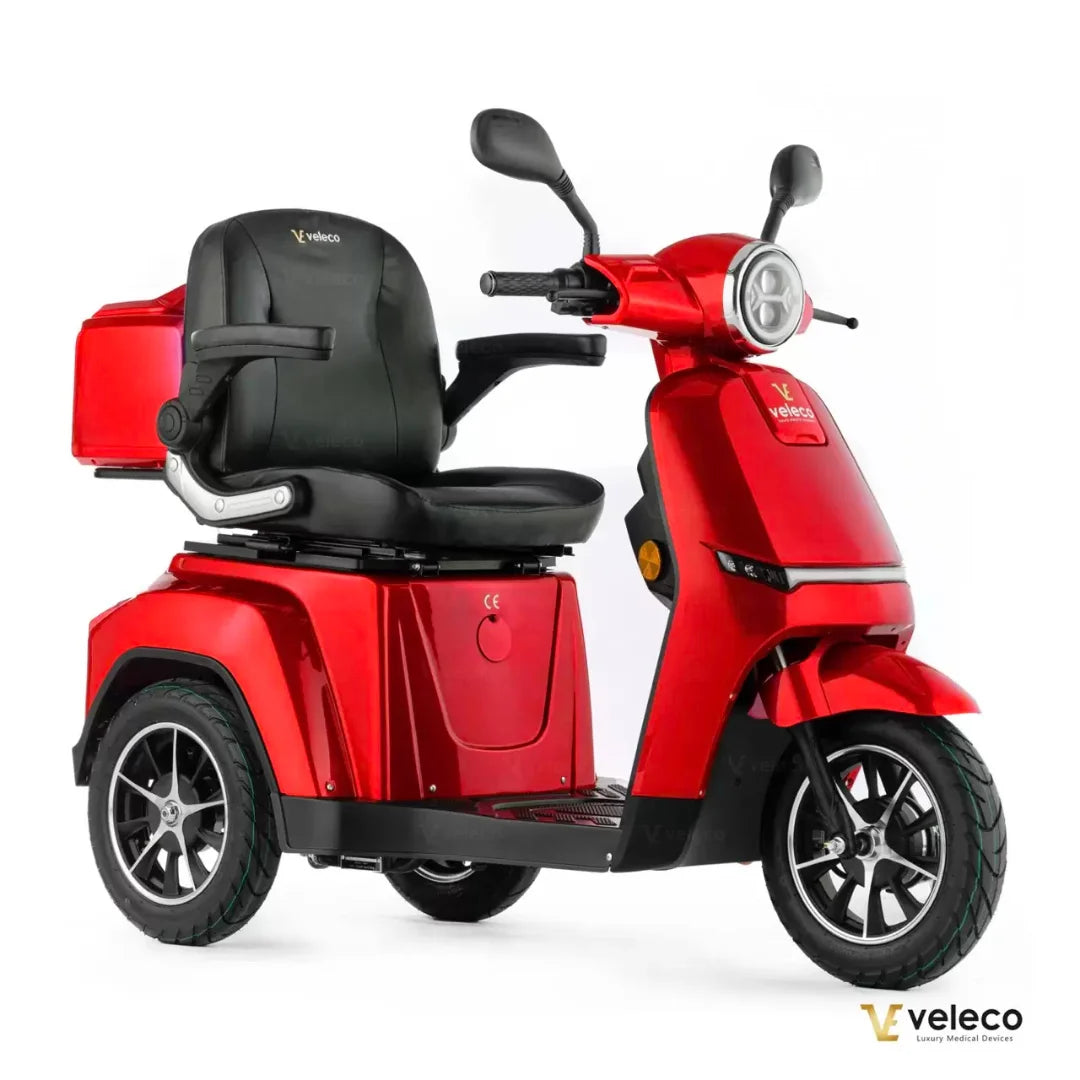 Electric Mobility Scooter Veleco Turris, stylish red design, comfortable black seat, perfect for easy mobility.