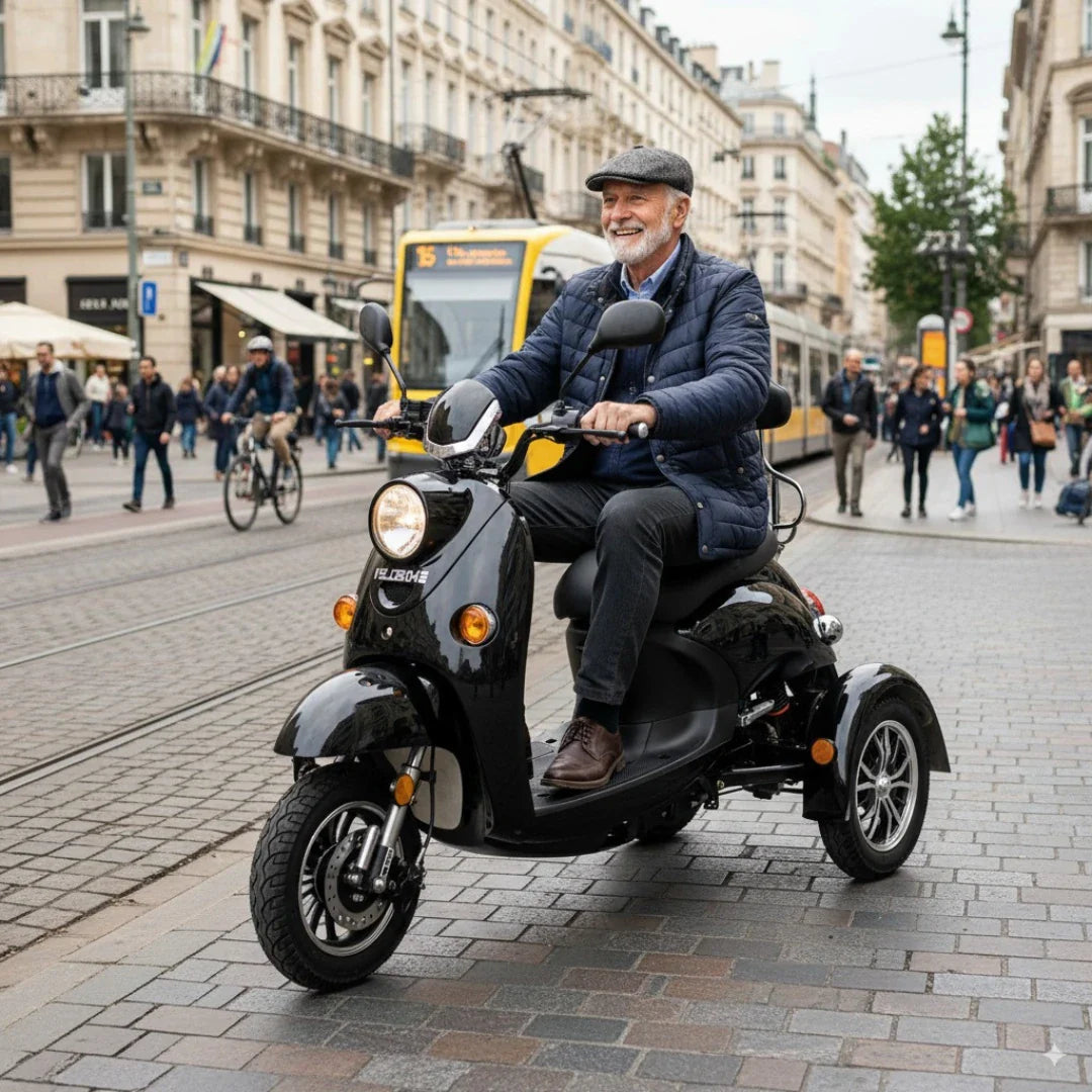 Izdelek na sliki je električni mobilni voziček, model Veleco ZT63. Na sliki je videti starejši moški, ki se vozi po mestni ulici na črnem vozičku. Okoli njega so pešci in mestna arhitektura, kar ustvarja živahno urbano vzdušje. Voziček ima tri kolesa, kar omogoča stabilno vožnjo.