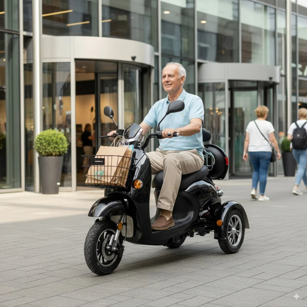 Izdelek na sliki je električni mobilni voziček, model Veleco ZT63. Na sliki vidimo starejšega moškega, ki vozi voziček po urbanem okolju. Voziček je črne barve, opremljen z košarico spredaj, v kateri so shranjene vrečke. Ozadje prikazuje moderne stavbe in pešce, kar nakazuje, da je voziček primeren za mestno uporabo.
