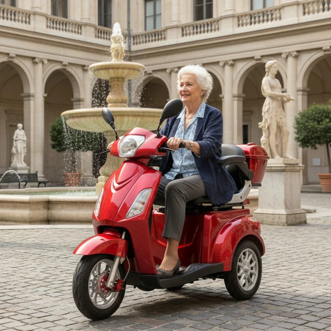 Izdelek na sliki je električni skuter s tremi kolesi, model Vigorous Vista 1. Na sliki je vidna starejša ženska, ki se vozi na rdečem skuterju v slikovitem okolju s fontano in arhitekturnimi elementi v ozadju. Skuter je zasnovan za udobno in varno vožnjo, kar je še posebej primerno za uporabnike, ki potrebujejo dodatno stabilnost.