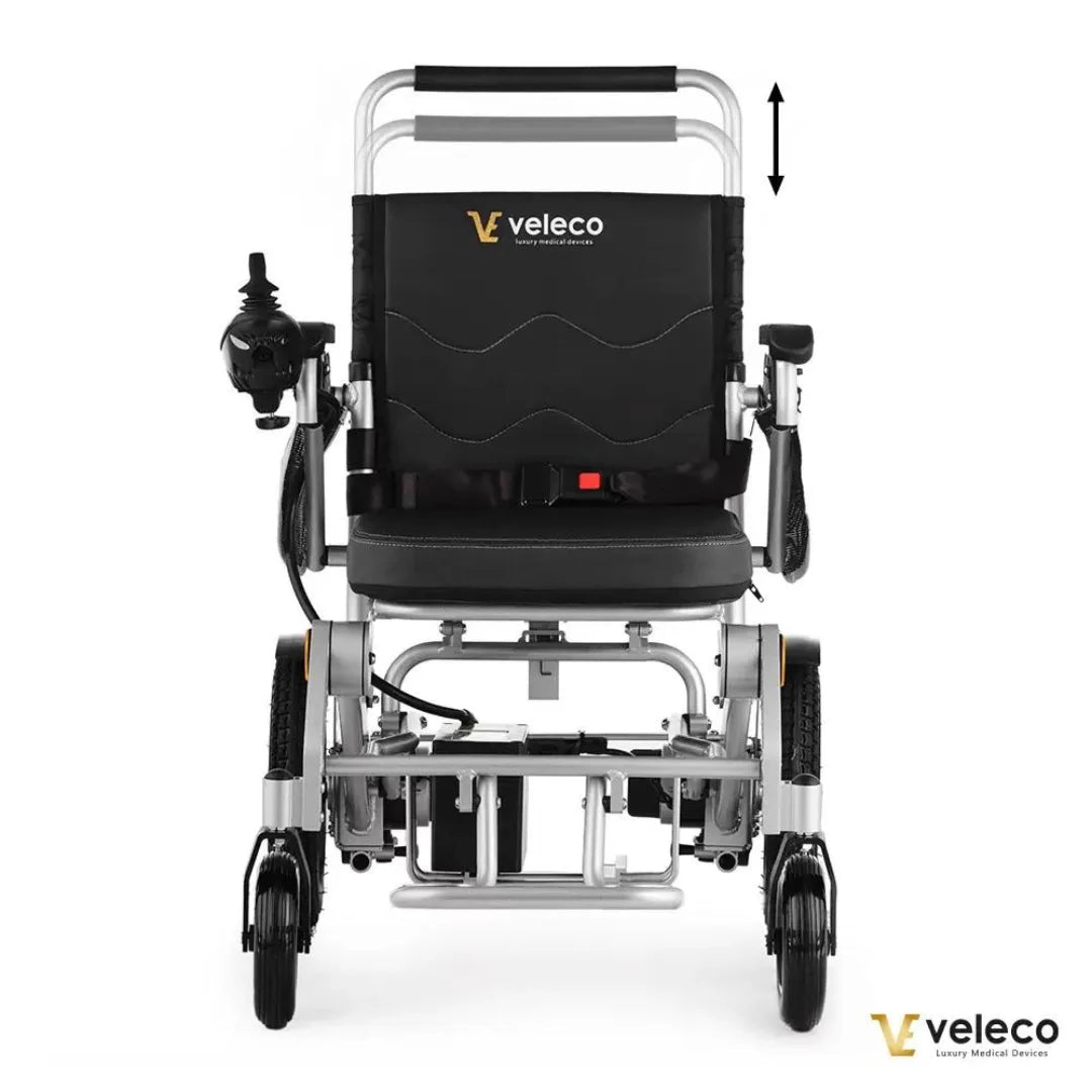 Product title: Electric Wheelchair Veleco Cosmo. The Veleco Cosmo wheelchair features a sleek design, ergonomic controls, and adjustable seating for comfort.