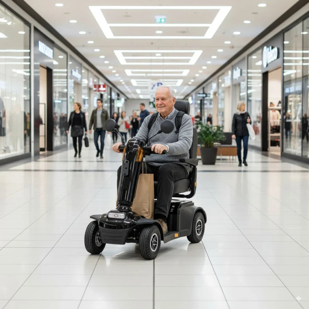 Na sliki je električni skuter, model Veleco Looper. Izdelek je zasnovan za enostavno premikanje, kar je razvidno iz udobnega sedeža in upravljalnih ročajev. V ozadju je nakupovalni center, kjer se vidijo drugi obiskovalci, kar nakazuje na uporabo skuterja v javnem prostoru. Oseba na skuterju se zdi zadovoljna in udobna med vožnjo.
