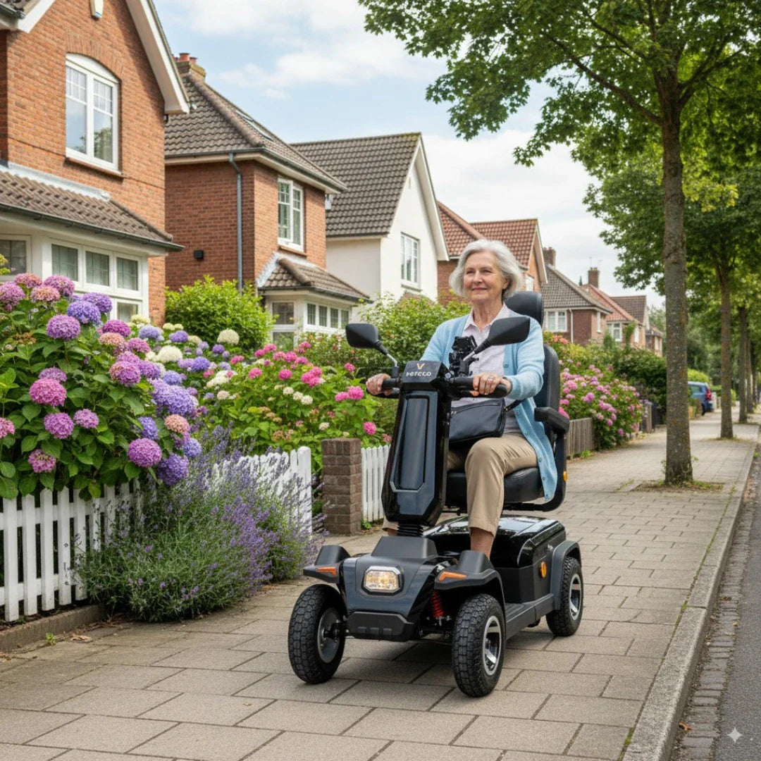 Izdelek na sliki je električni skuter, model Veleco Sharpy. Na sliki je vidna starejša ženska, ki se vozi po pločniku ob lepo urejeni ulici, obdani z rožami in hišami. Skuter ima štiri kolesa in udobno sedežno površino, kar omogoča enostavno in varno vožnjo.