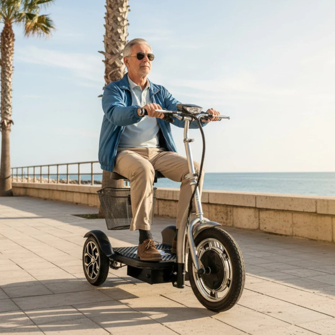 Izdelek na sliki je električni mobilni voziček, model Veleco ZT16. Na sliki vidimo starejšega moškega, ki vozi voziček ob obali, obdan s palmami. Voziček ima široke pnevmatike in sedež, kar omogoča udobno vožnjo. V sprednjem delu je vidna krmilo z nadzornimi elementi, voziček pa je zasnovan za enostavno manevriranje.