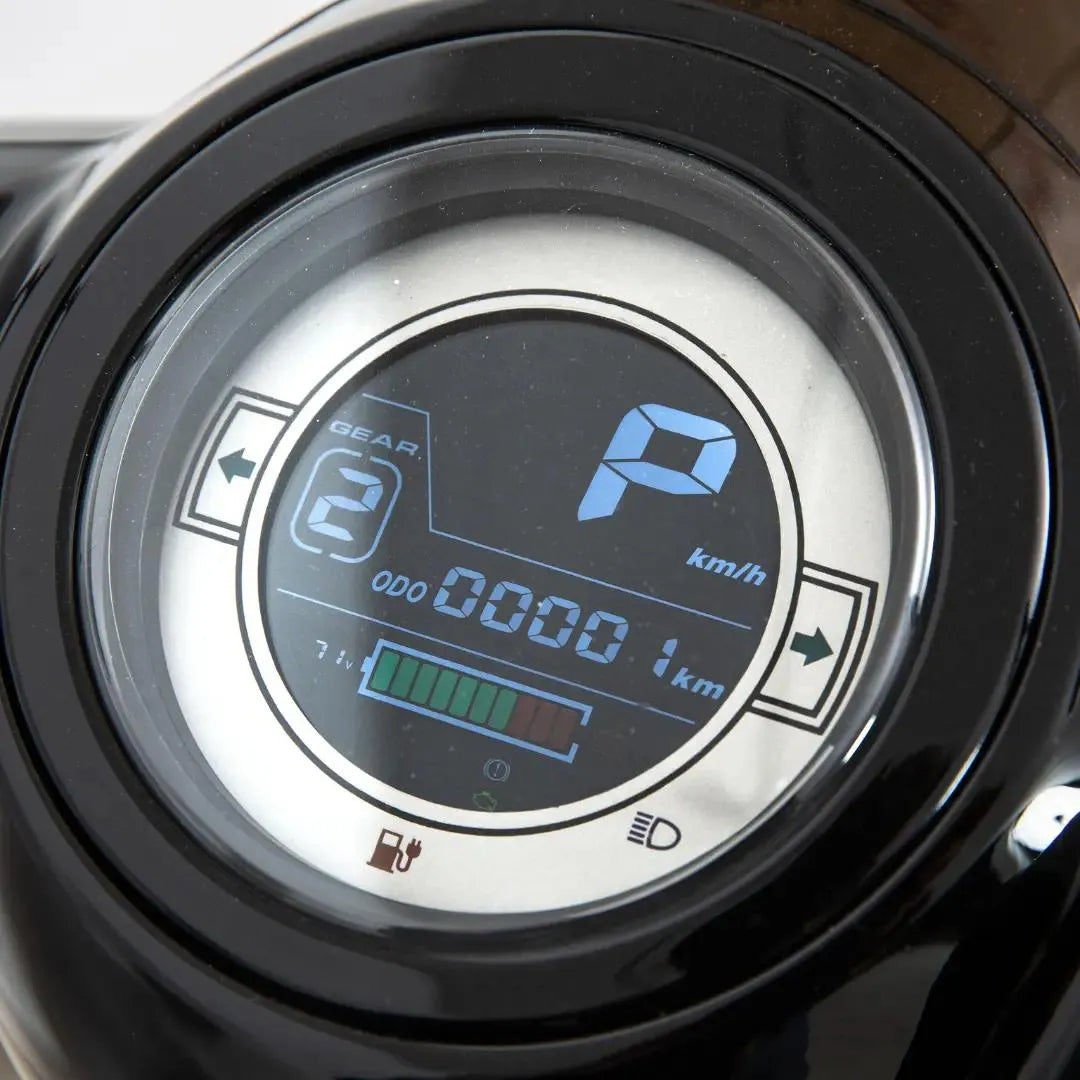 Od blizu posnet prikazovalnik na armaturni plošči električnega skuterja Efo Et3000, ki prikazuje hitrost in prestavo.