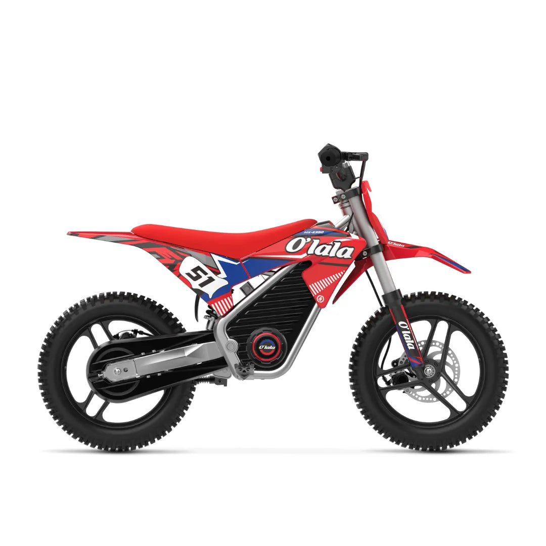 Izdelek na sliki je električno kolo, model O'lala SX E500. Vidna je rdeča in modra barvna kombinacija s športnim dizajnom, ki vključuje široke gume in udoben sedež. Kolo ima tudi robusten okvir in je zasnovano za vožnjo po različnih terenih.